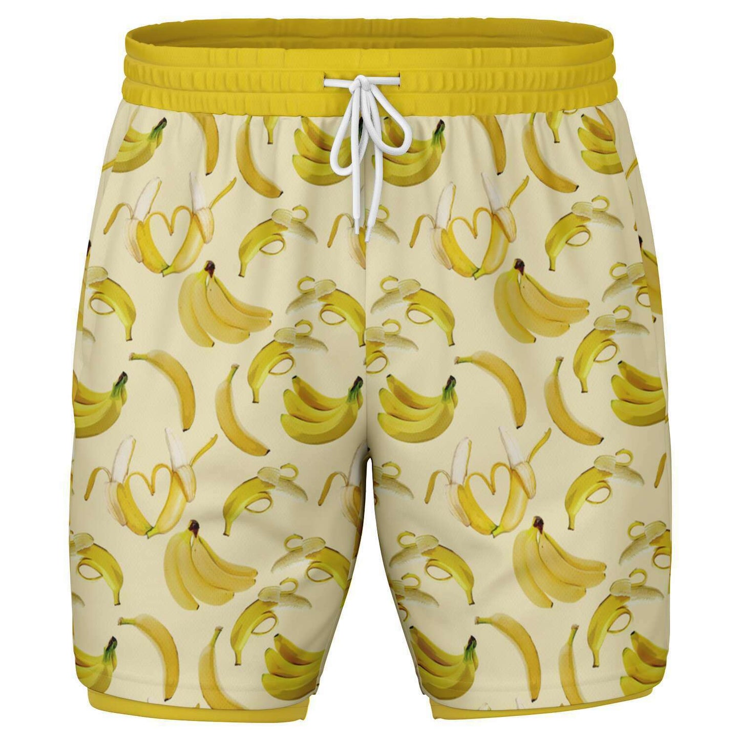 Men's 2-in-1 Shorts. These fun yellow workout shorts feature a banana design. Shorts have a drawstring, zip up side pockets, and hidden phone pocket.