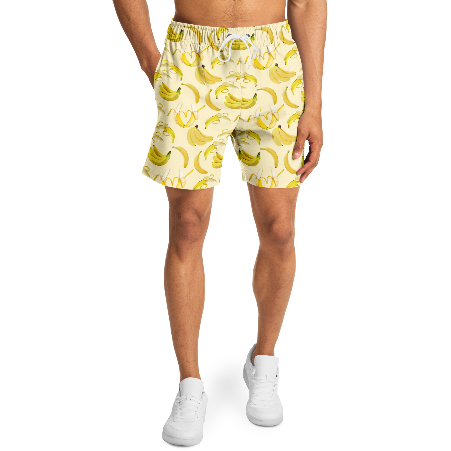 Men's Athletic Shorts. These yellow shorts feature a banana design. Shorts have a drawstring and two side pockets.