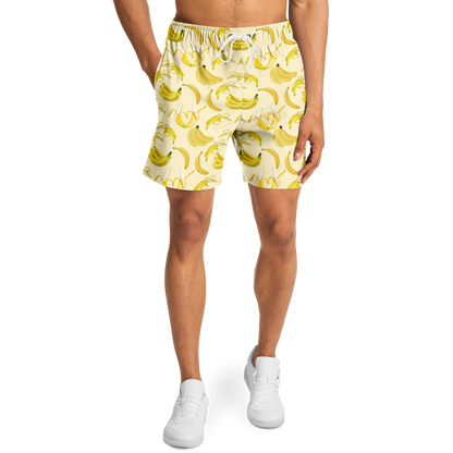 Men's Athletic Shorts. These yellow shorts feature a banana design. Shorts have a drawstring and two side pockets.