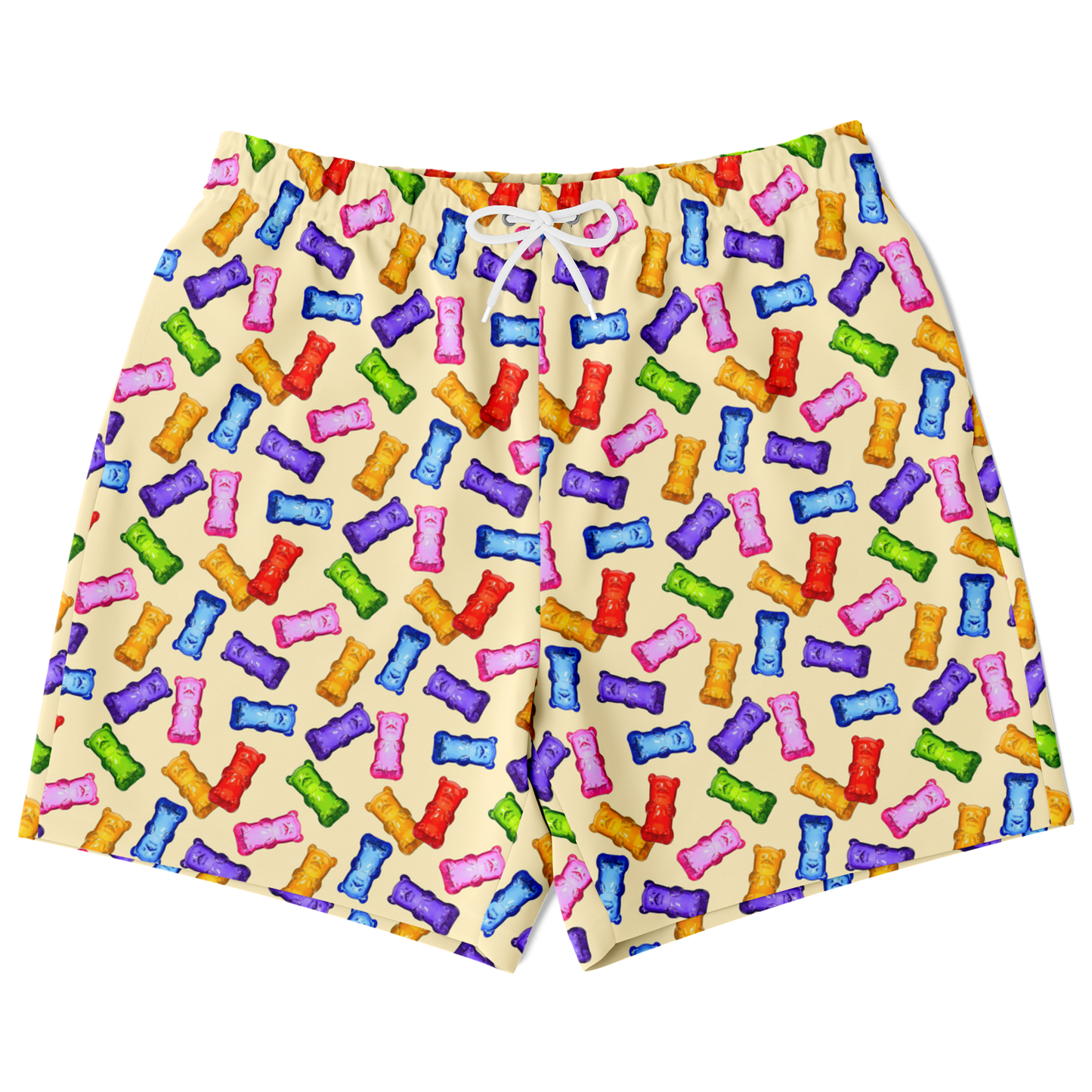 Men's Athletic Shorts. These yellow shorts feature colorful gummybears. Shorts have a drawstring and side pockets.