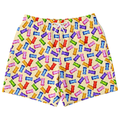 Men's Athletic Shorts. These yellow shorts feature colorful gummybears. Shorts have a drawstring and side pockets.