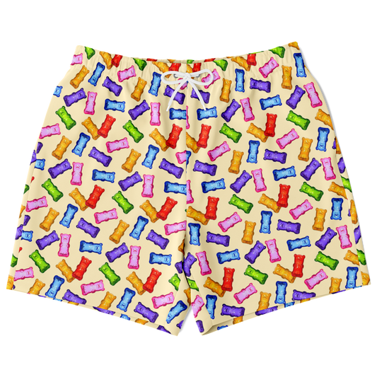 Men's Athletic Shorts. These yellow shorts feature colorful gummybears. Shorts have a drawstring and side pockets.