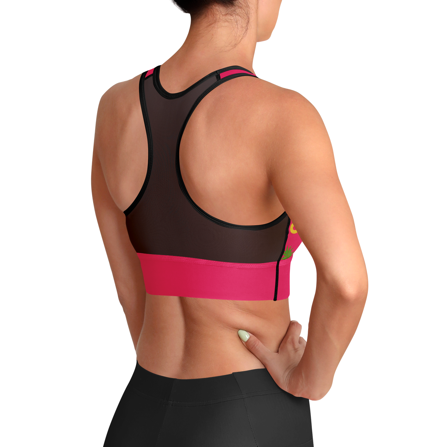 Fineapple - Women's Sports Bra featuring a pink color with pineapples wearing sunglasses and a black mesh back.