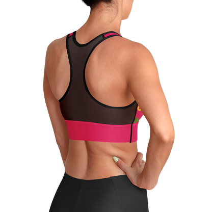 Fineapple - Women's Sports Bra featuring a pink color with pineapples wearing sunglasses and a black mesh back.