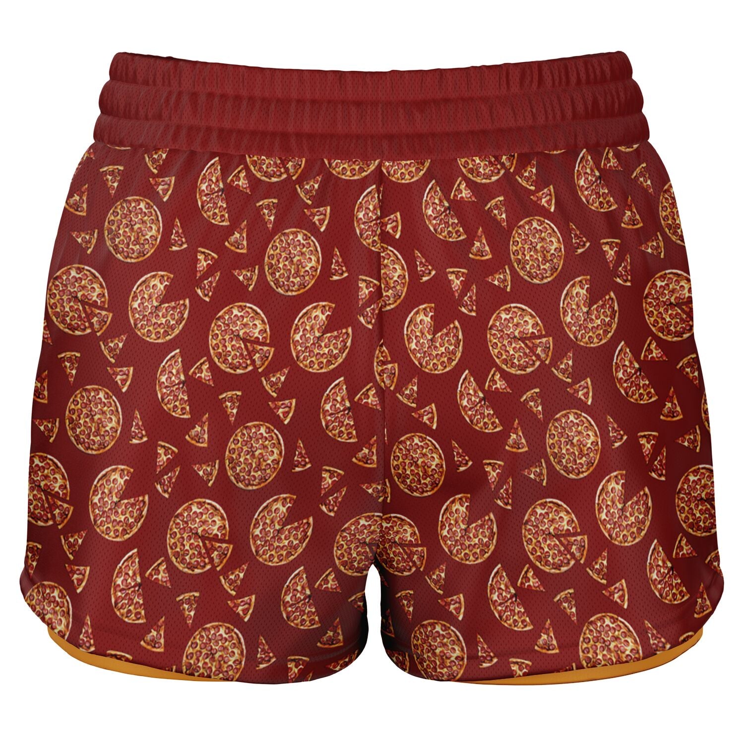 Women’s shorts featuring a pizza design of pizza pies and pizza slices on a red background with an orange under short.