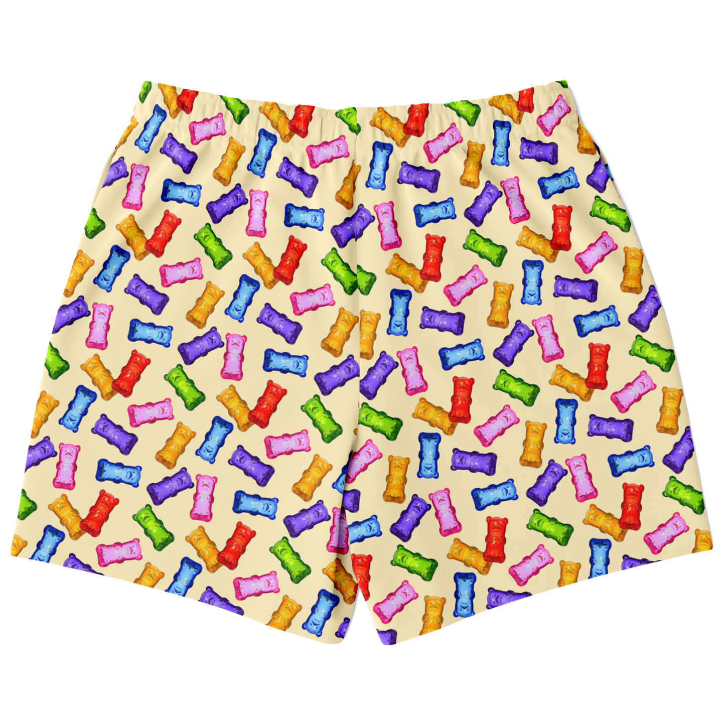 Men's Athletic Shorts. These yellow shorts feature colorful gummybears. Shorts have a drawstring and side pockets.