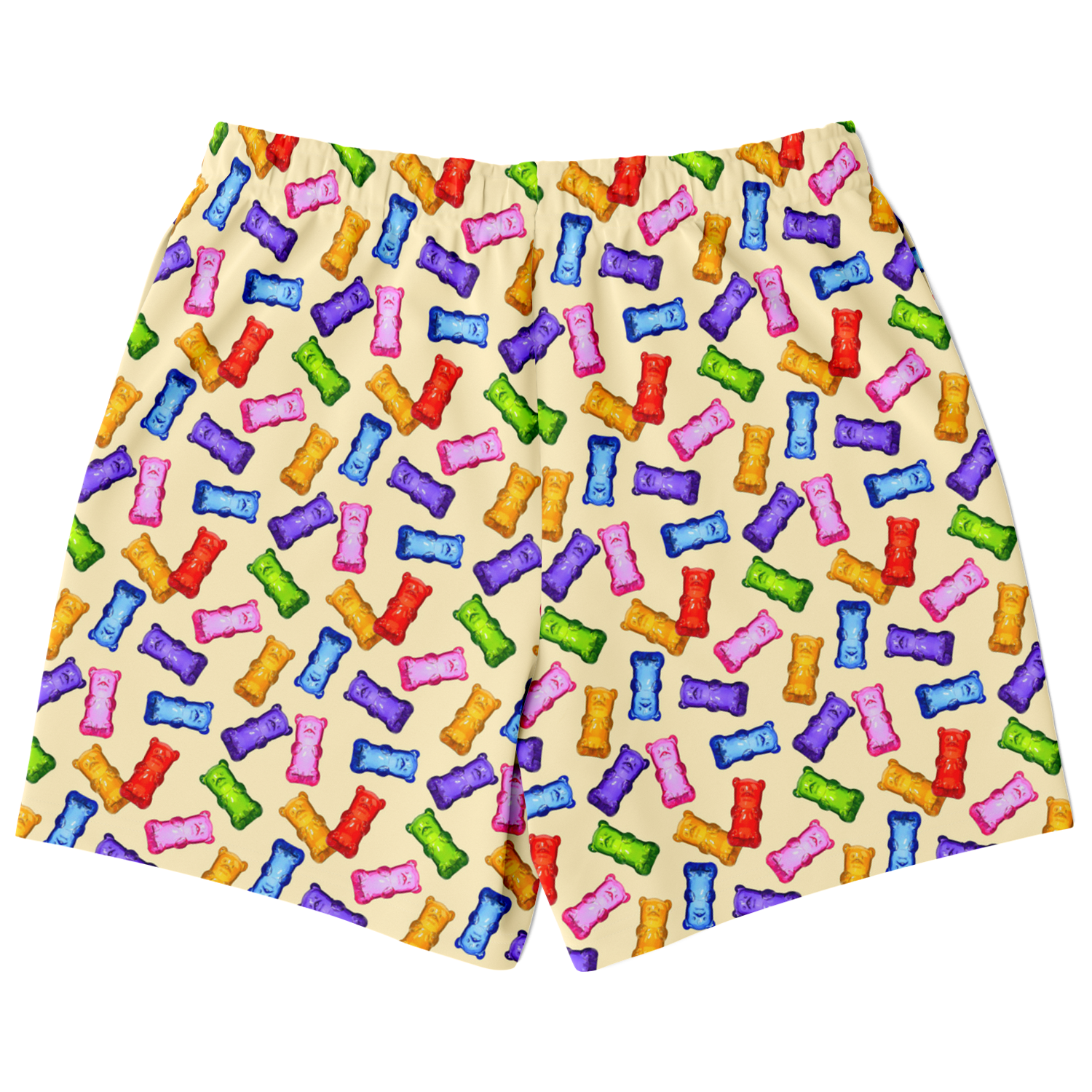 Men's Athletic Shorts. These yellow shorts feature colorful gummybears. Shorts have a drawstring and side pockets.