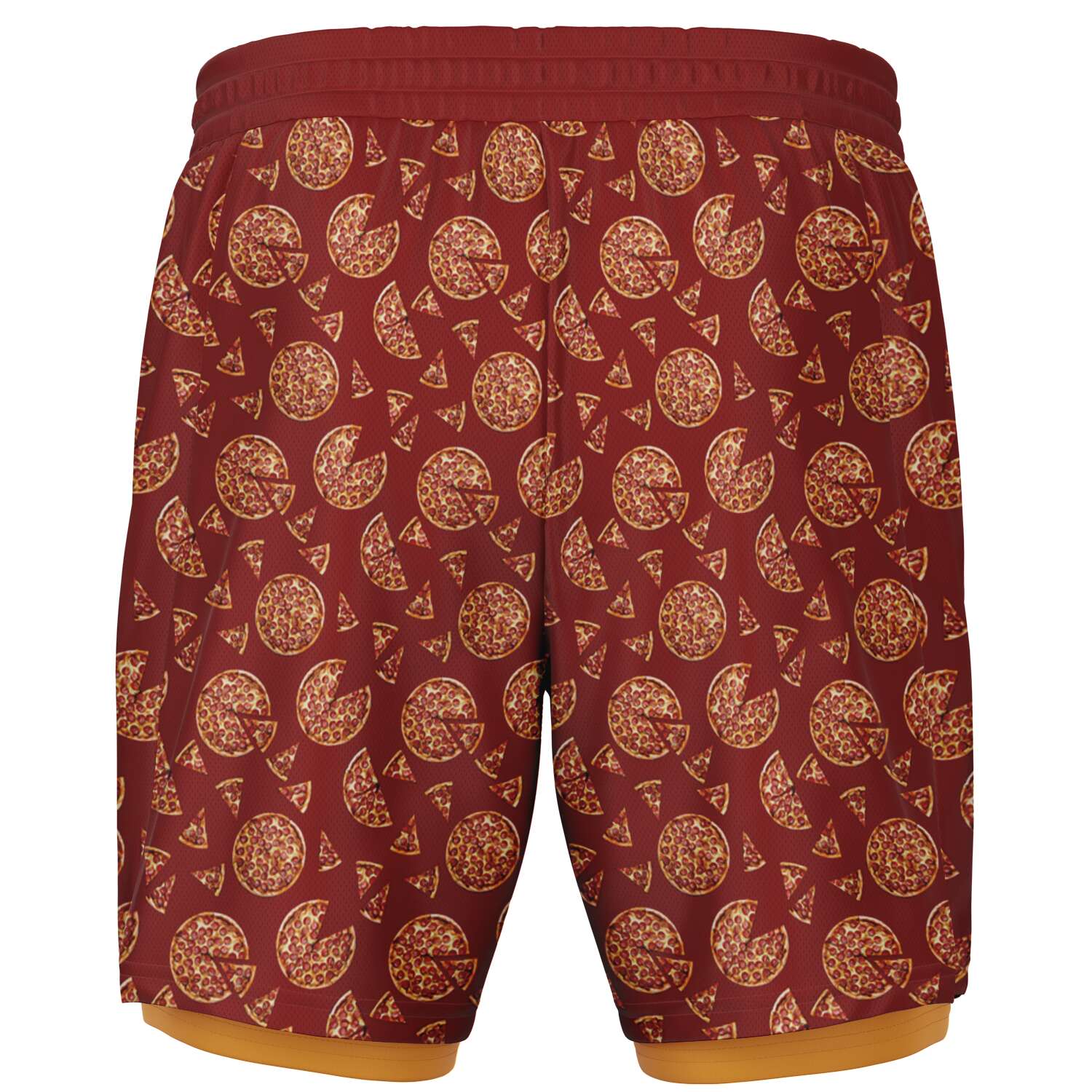 Men's shorts featuring a pizza design of pizza pies and pizza slices on a red background with an orange/yellow under short.