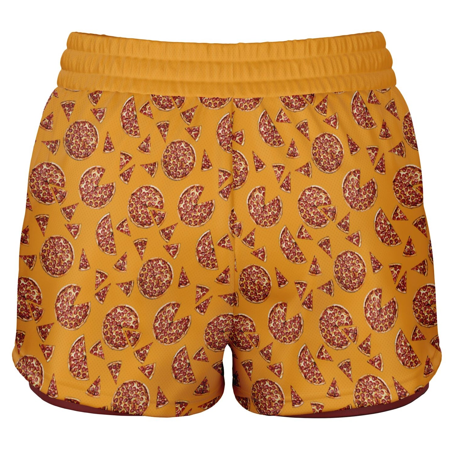 Women's shorts featuring a pizza design of pizza pies and pizza slices on a yellow background with a red undershort.