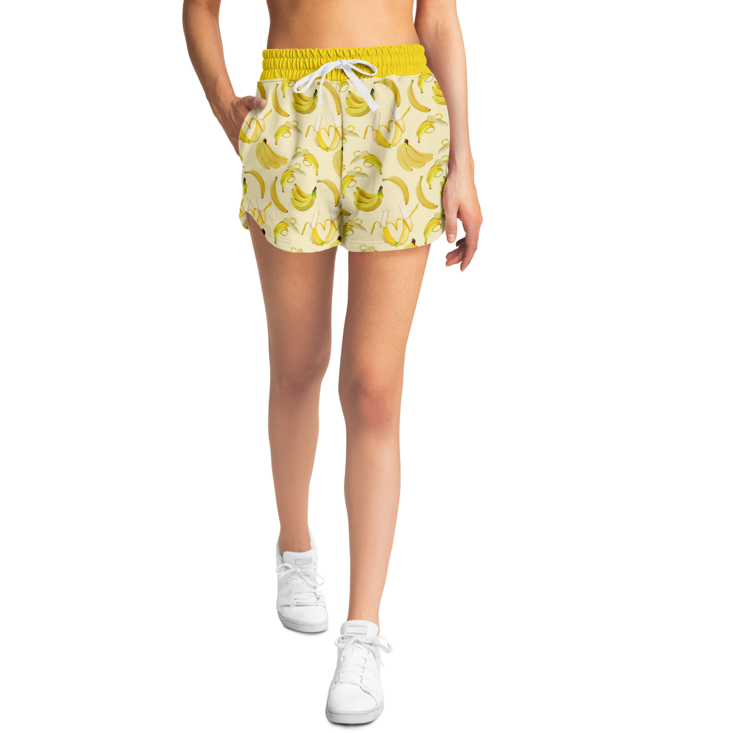 Women's Athletic Shorts. These yellow shorts feature a banana design.