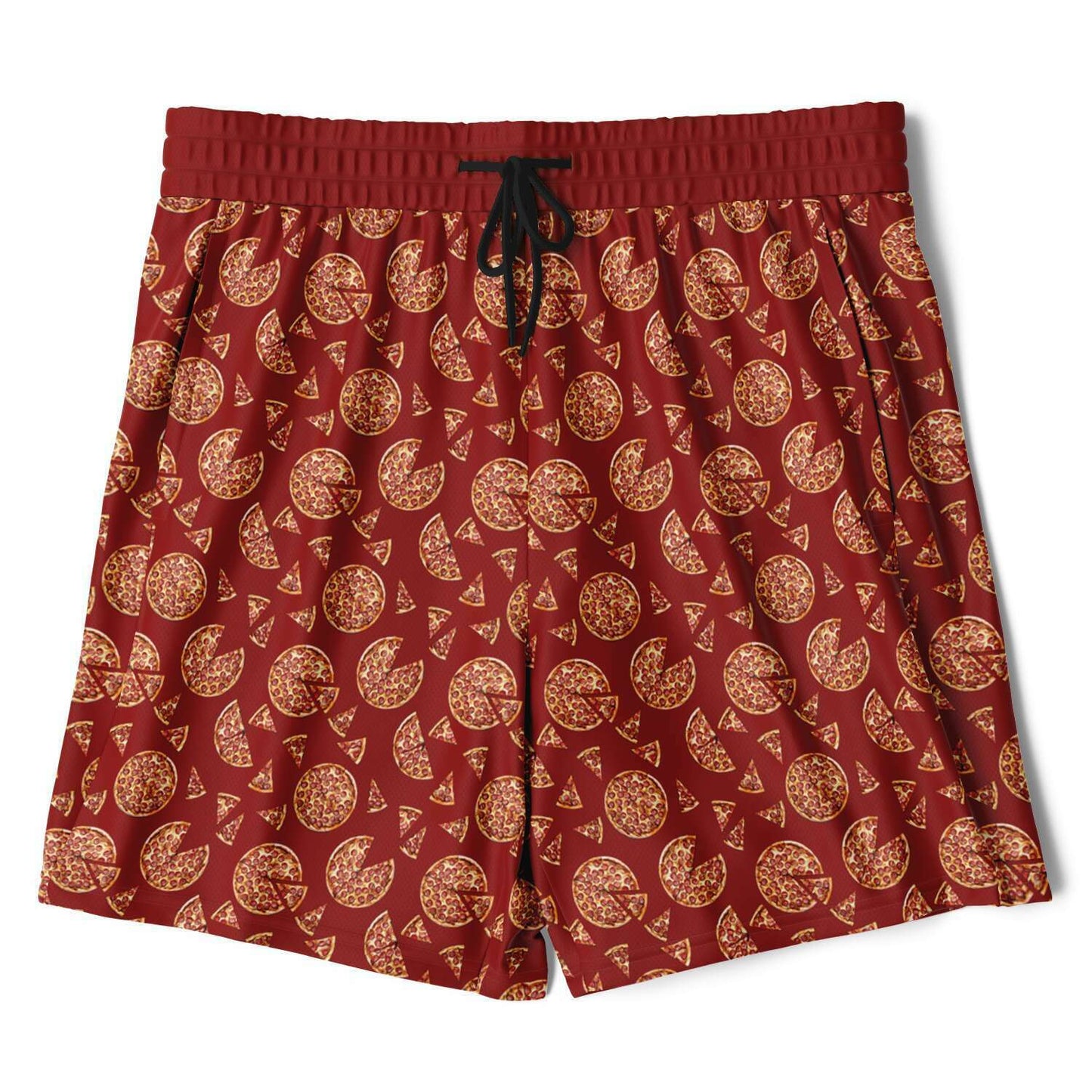 Men's shorts featuring a pizza design of pizza pies and pizza slices on a red background with an orange/yellow under short.