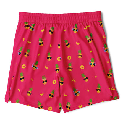 Men's 2-in-1 Shorts. These fun shorts feature a pink background with pineapples wearing a variety of sunglasses. Shorts have a black drawstring and zip up pockets.