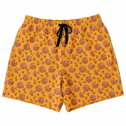 Men’s shorts featuring a pizza design of pizza pies and pizza slices on a yellow/orange background with two side pockets.