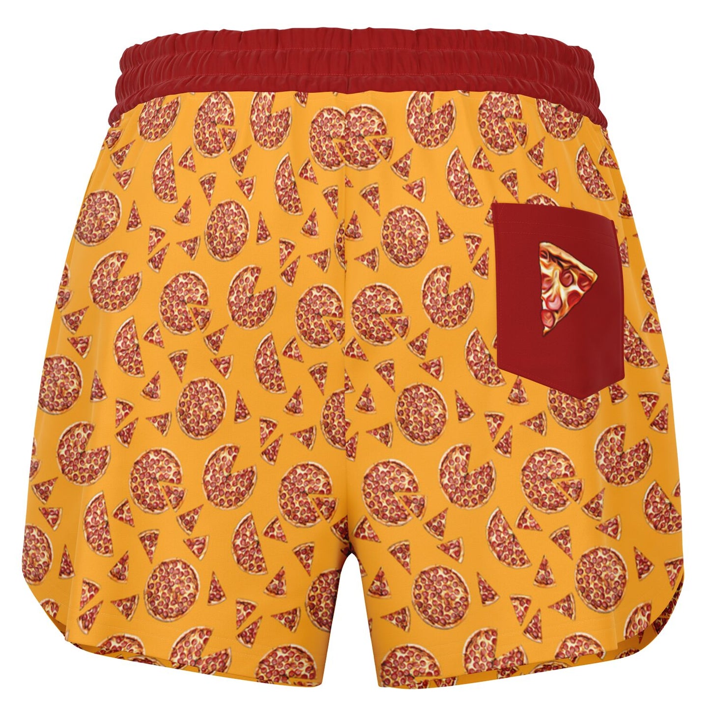 Women’s shorts featuring a pizza design of pizza pies and pizza slices on a yellow background with a red waistband and red outer pocket with a slice of pizza.