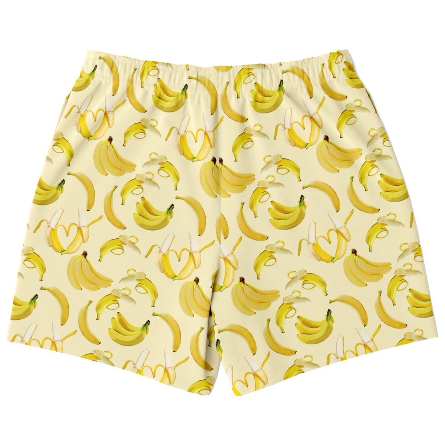 Men's Athletic Shorts. These yellow shorts feature a banana design. Shorts have a drawstring and two side pockets.