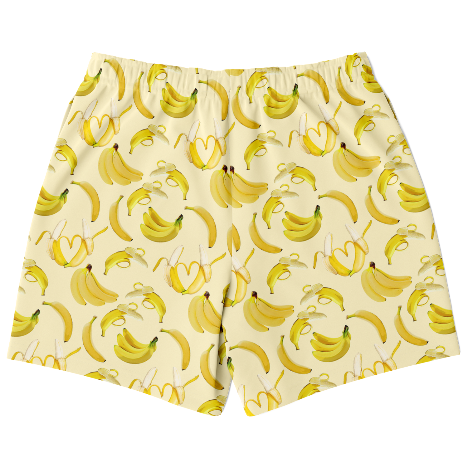 Men's Athletic Shorts. These yellow shorts feature a banana design. Shorts have a drawstring and two side pockets.