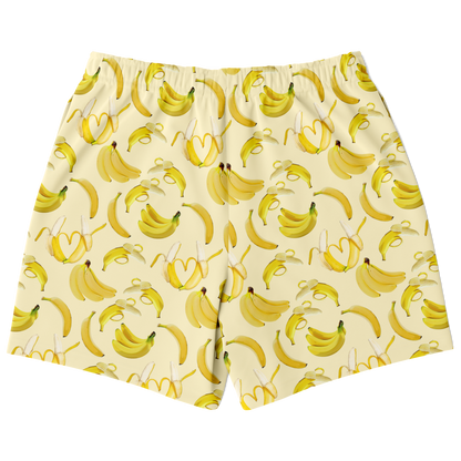 Men's Athletic Shorts. These yellow shorts feature a banana design. Shorts have a drawstring and two side pockets.