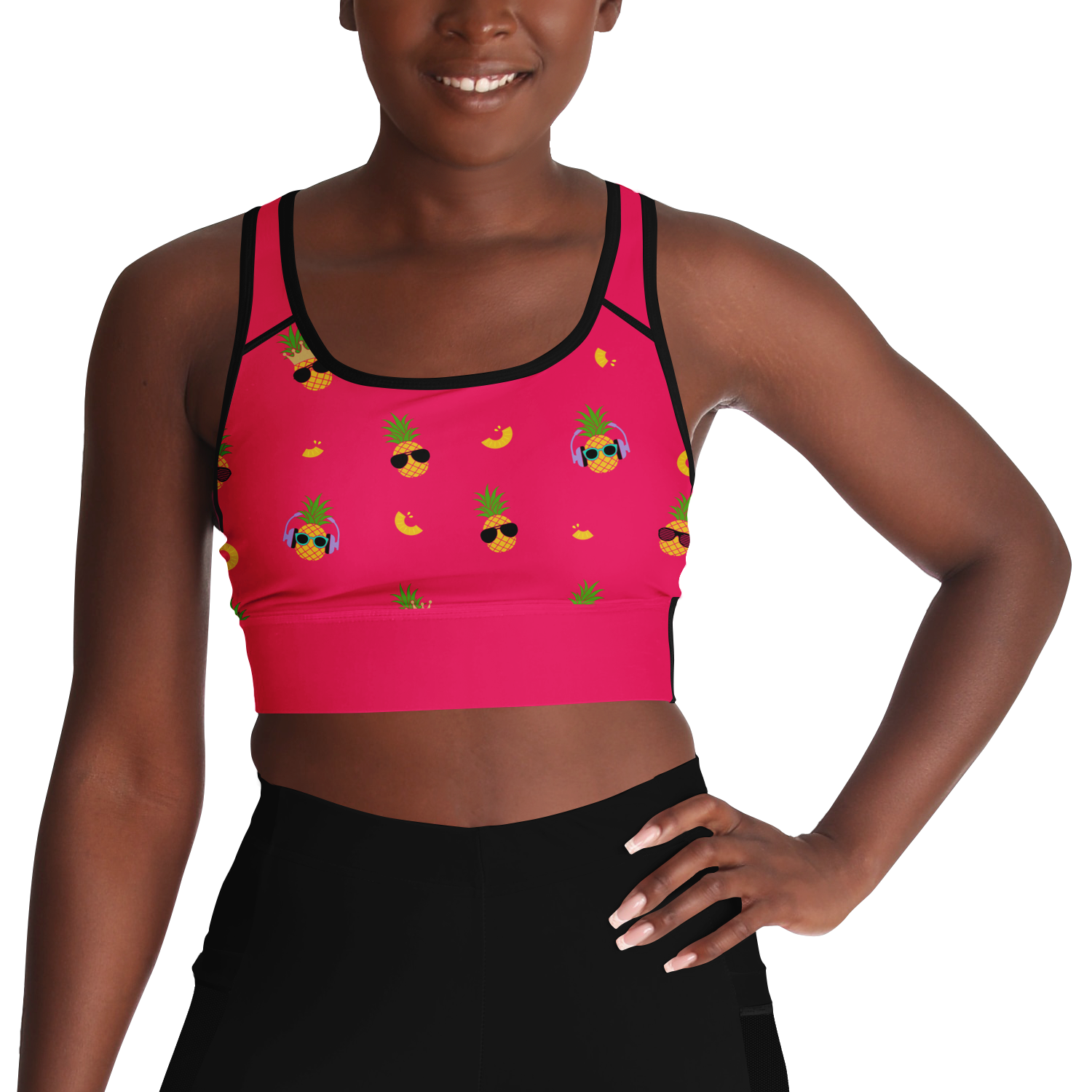 Fineapple - Women's Sports Bra featuring a pink color with pineapples wearing sunglasses and a black mesh back.