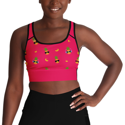 Fineapple - Women's Sports Bra featuring a pink color with pineapples wearing sunglasses and a black mesh back.