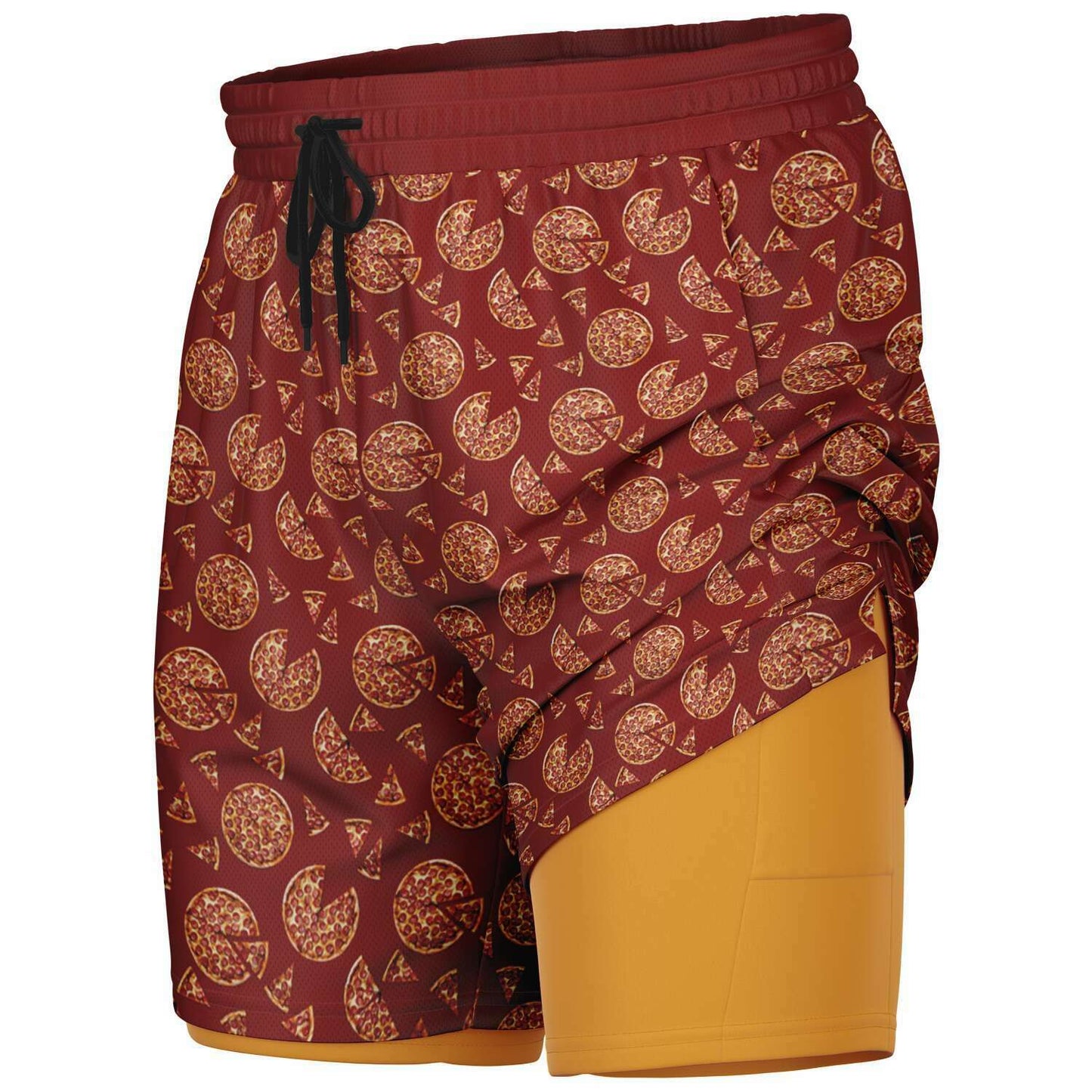 Men's shorts featuring a pizza design of pizza pies and pizza slices on a red background with an orange/yellow under short.