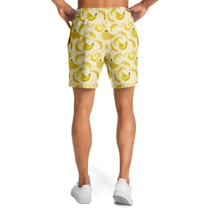 Men's Athletic Shorts. These yellow shorts feature a banana design. Shorts have a drawstring and two side pockets.