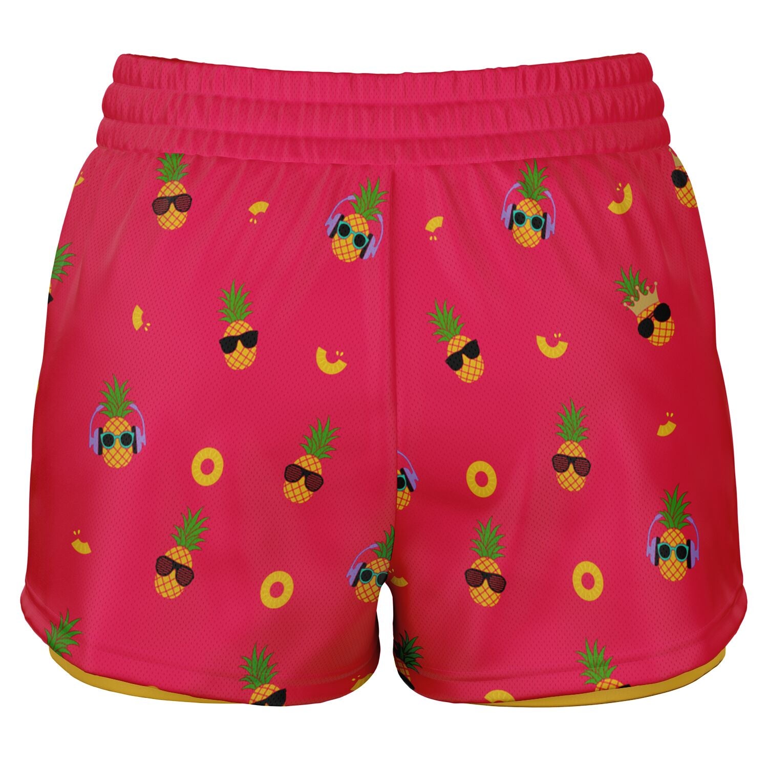 Women's 2-in-1 Shorts. These fun shorts feature a pink background with pineapples wearing a variety of sunglasses, and a yellow under-short with a hidden phone pocket.