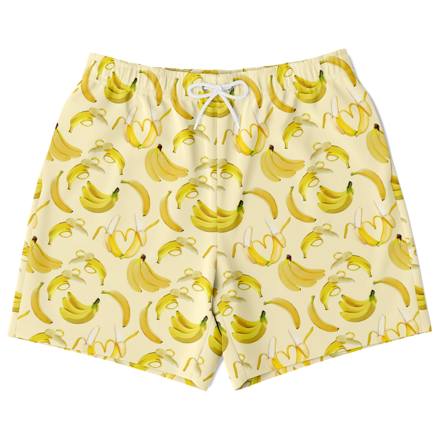 Men's Athletic Shorts. These yellow shorts feature a banana design. Shorts have a drawstring and two side pockets.