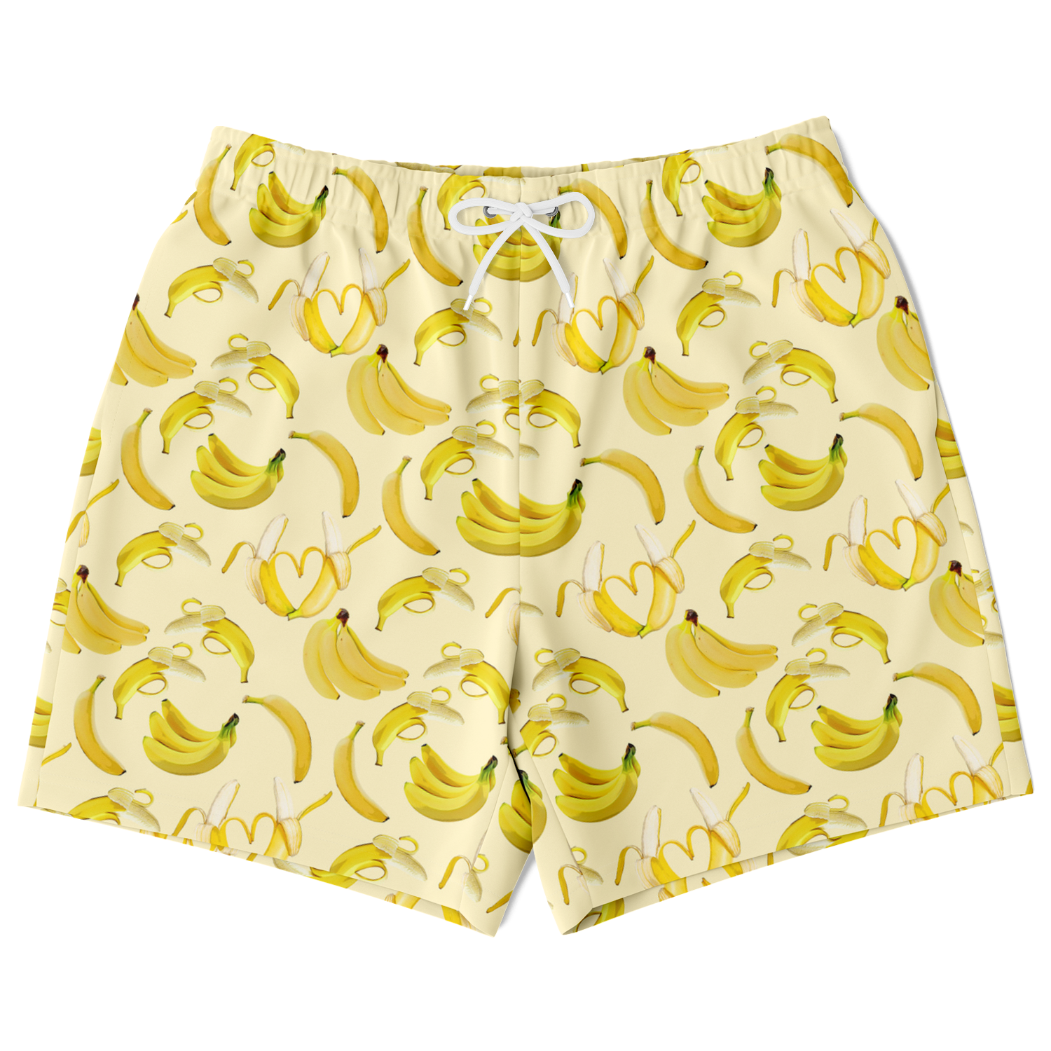 Men's Athletic Shorts. These yellow shorts feature a banana design. Shorts have a drawstring and two side pockets.