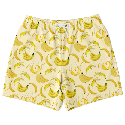 Men's Athletic Shorts. These yellow shorts feature a banana design. Shorts have a drawstring and two side pockets.