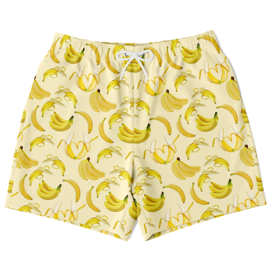 Men's Athletic Shorts. These yellow shorts feature a banana design. Shorts have a drawstring and two side pockets.