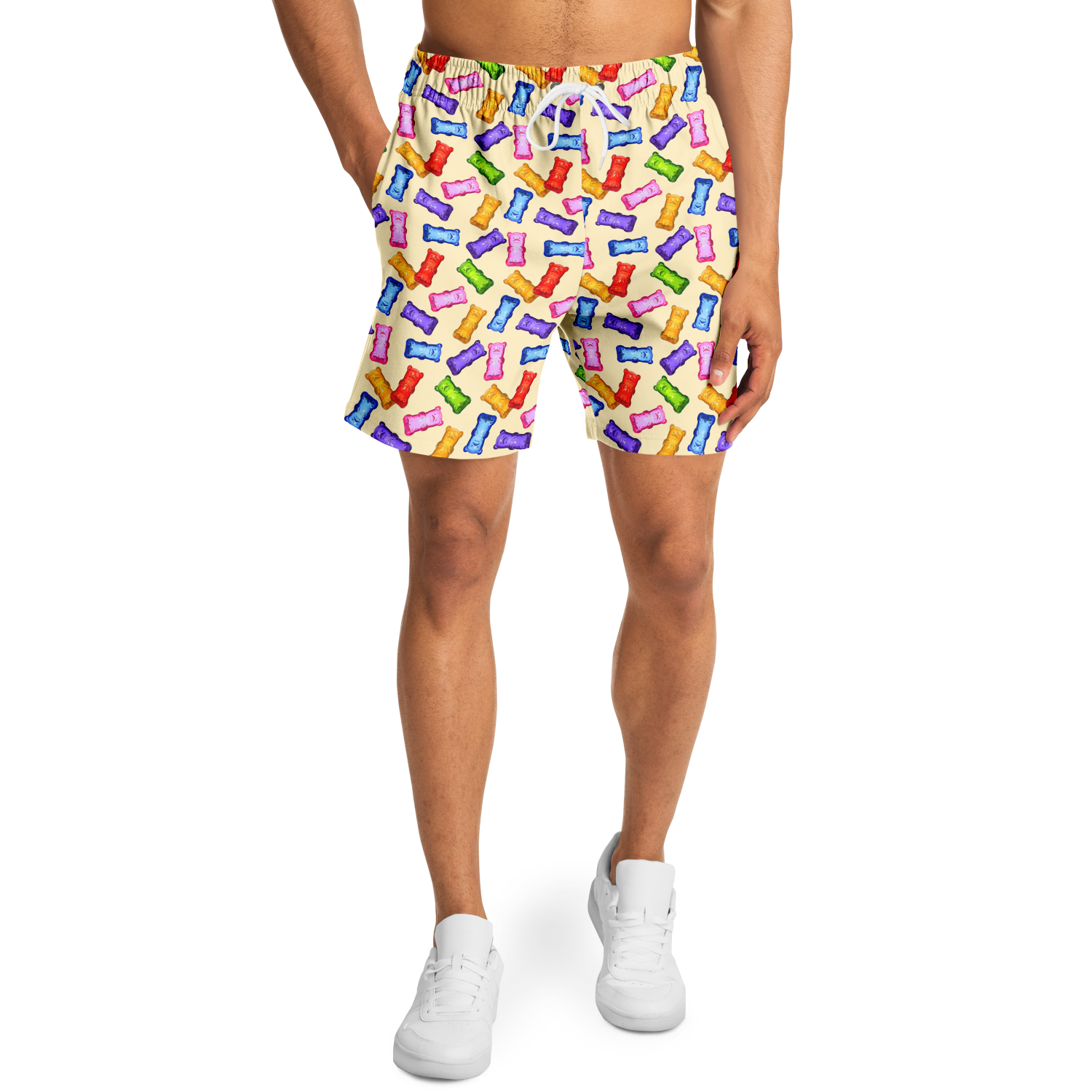 Men's Athletic Shorts. These yellow shorts feature colorful gummybears. Shorts have a drawstring and side pockets.