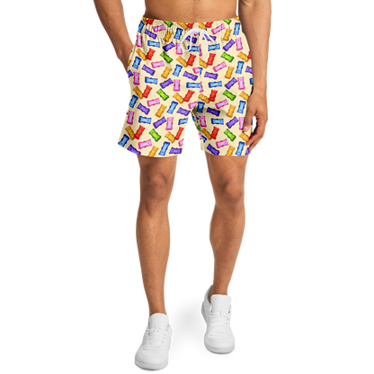 Men's Athletic Shorts. These yellow shorts feature colorful gummybears. Shorts have a drawstring and side pockets.