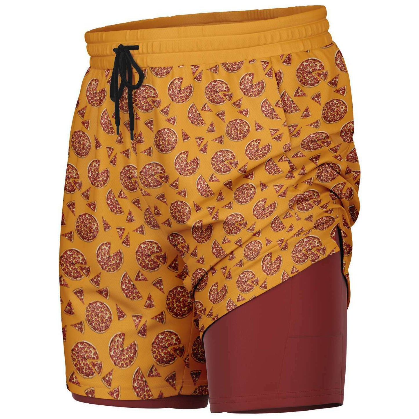 Men's shorts featuring a pizza design of pizza pies and pizza slices on a yellow background with a red under short.