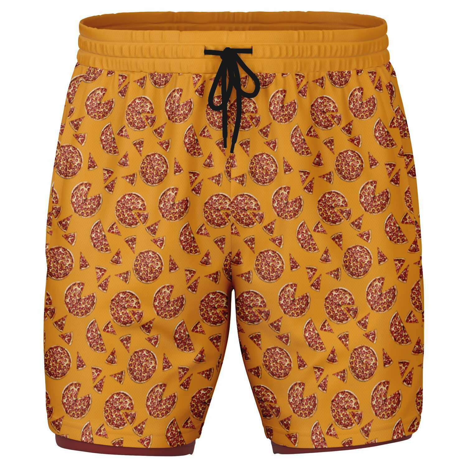 Men's shorts featuring a pizza design of pizza pies and pizza slices on a yellow background with a red under short.