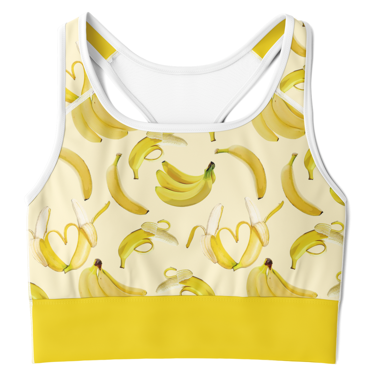 Women's Sports Bra features a soft yellow color, bananas, and a white mesh back.