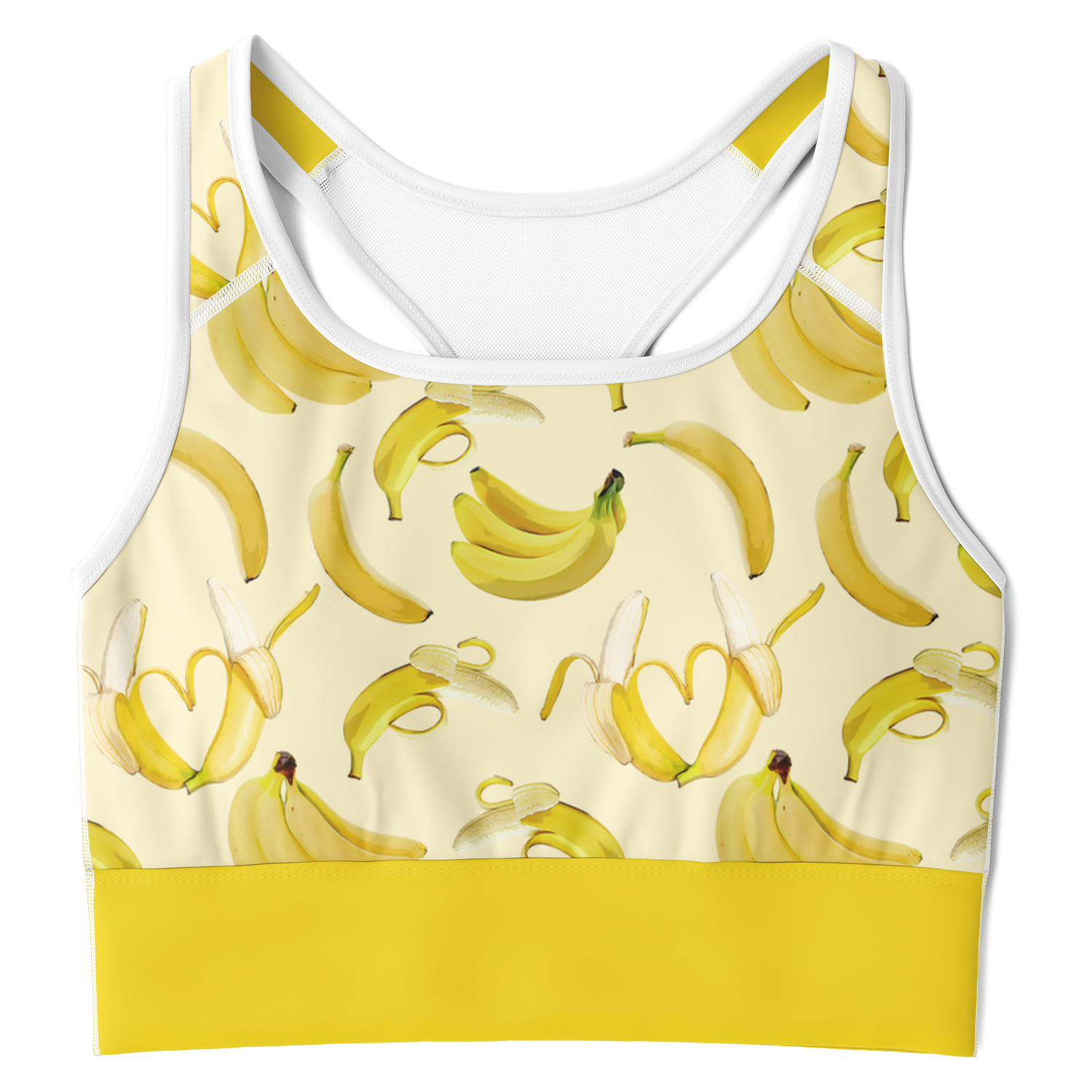 Women's Sports Bra features a soft yellow color, bananas, and a white mesh back.