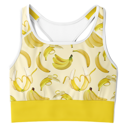 Women's Sports Bra features a soft yellow color, bananas, and a white mesh back.