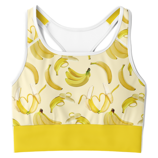 Women's Sports Bra features a soft yellow color, bananas, and a white mesh back.