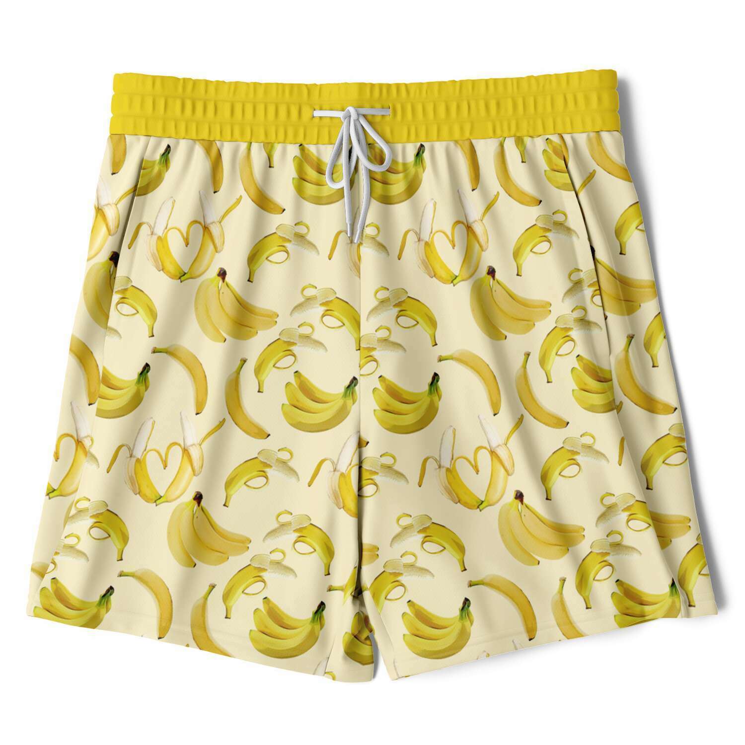 Men's 2-in-1 Shorts. These fun yellow workout shorts feature a banana design. Shorts have a drawstring, zip up side pockets, and hidden phone pocket.