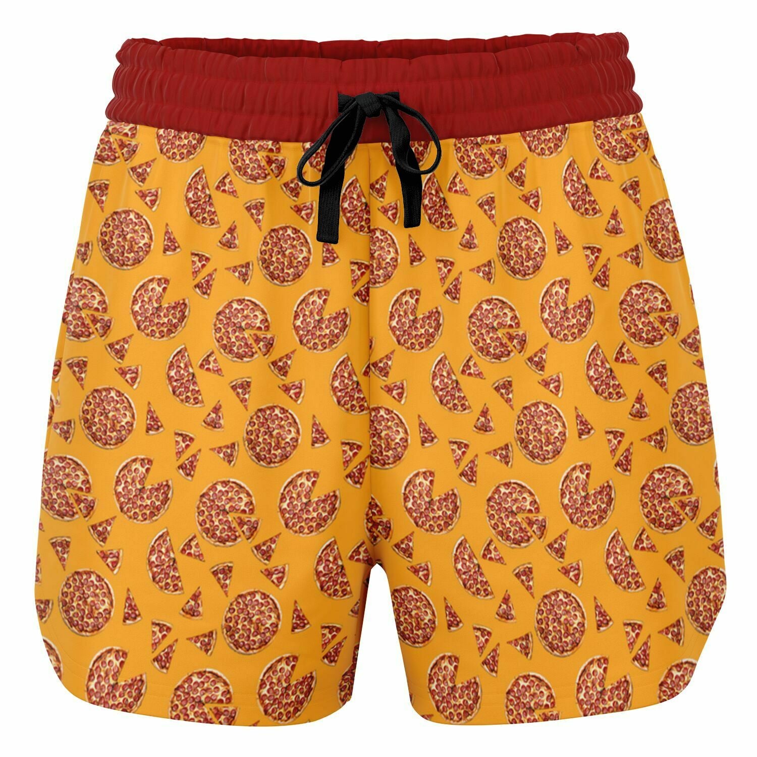 Women’s shorts featuring a pizza design of pizza pies and pizza slices on a yellow background with a red waistband and red outer pocket with a slice of pizza.