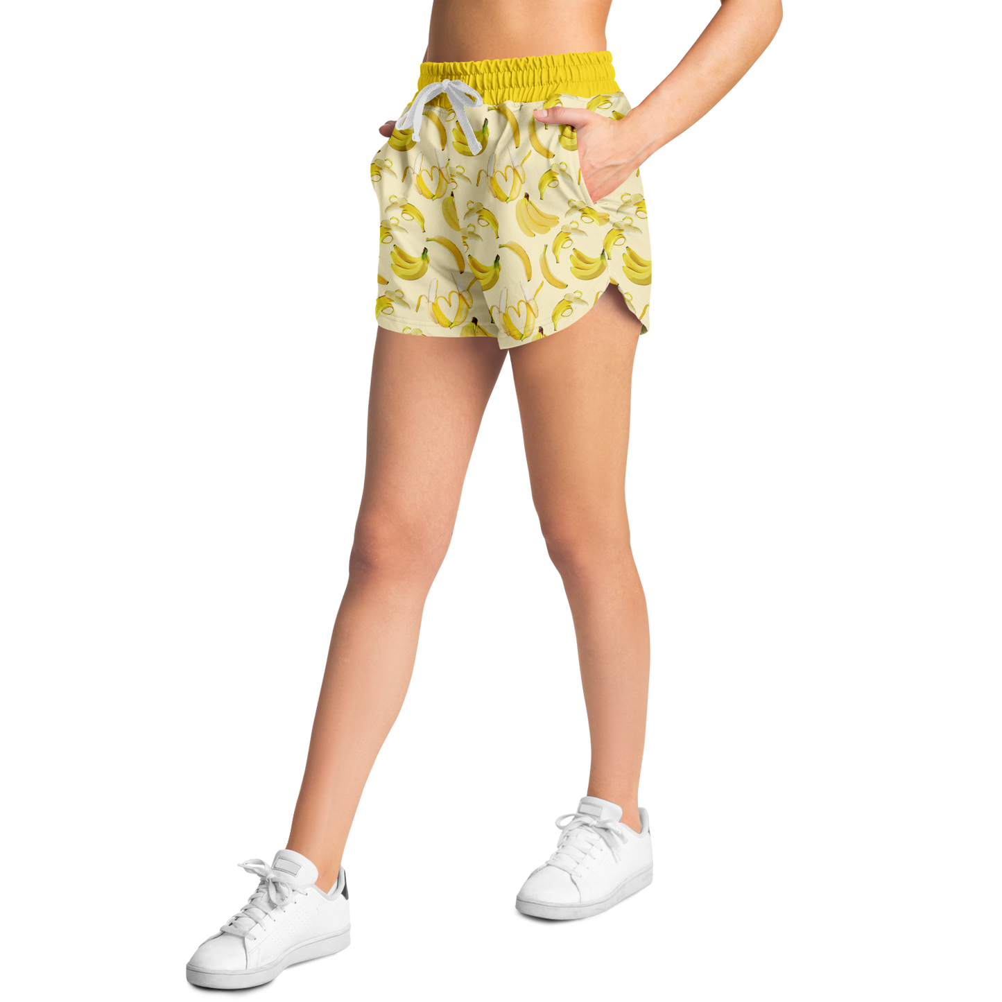 Women's Athletic Shorts. These yellow shorts feature a banana design.