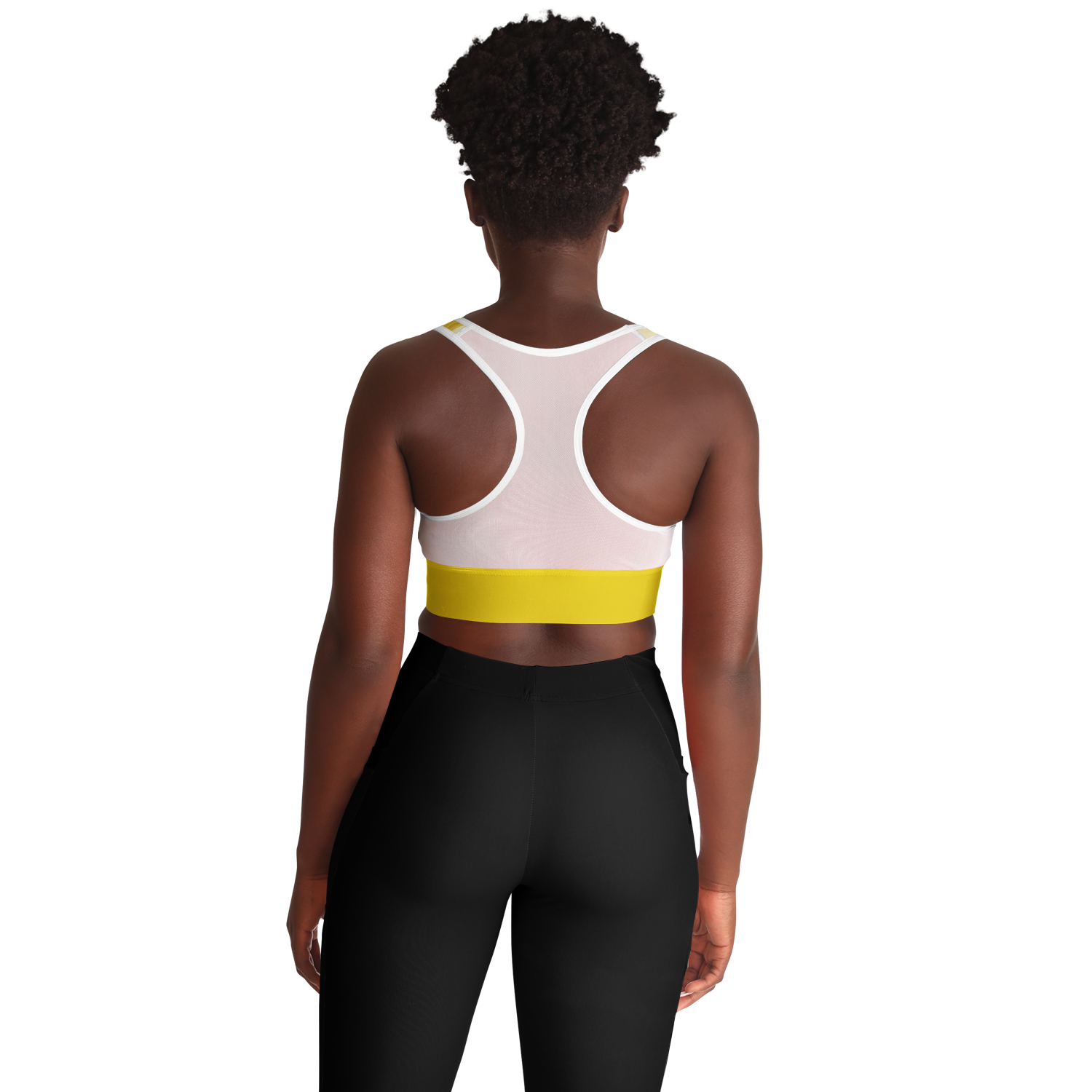 Women's Sports Bra features a soft yellow color, bananas, and a white mesh back.