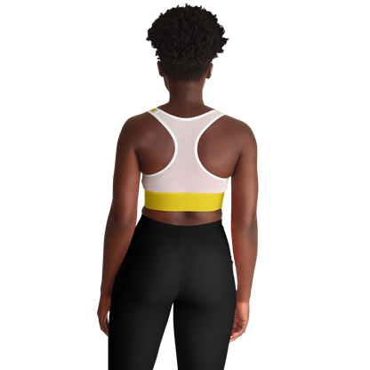 Women's Sports Bra features a soft yellow color, bananas, and a white mesh back.