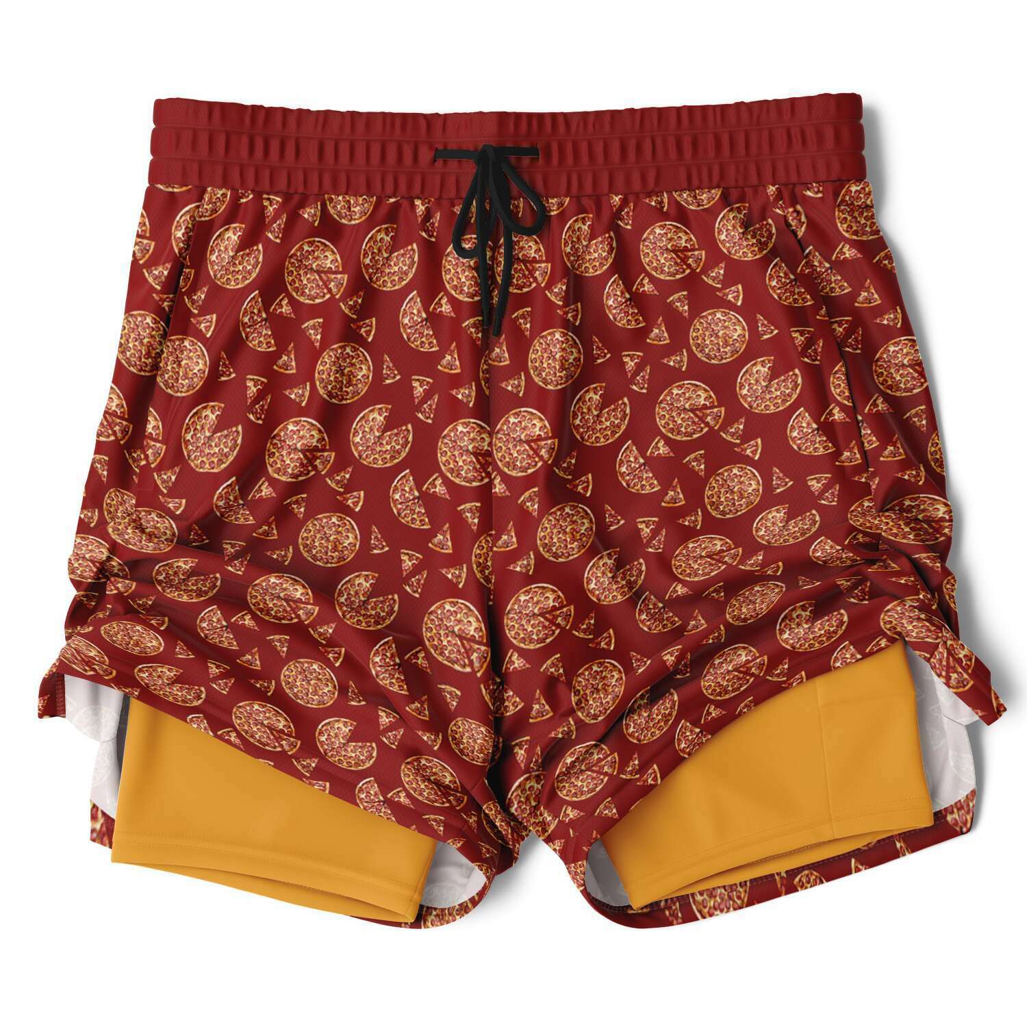 Men's shorts featuring a pizza design of pizza pies and pizza slices on a red background with an orange/yellow under short.