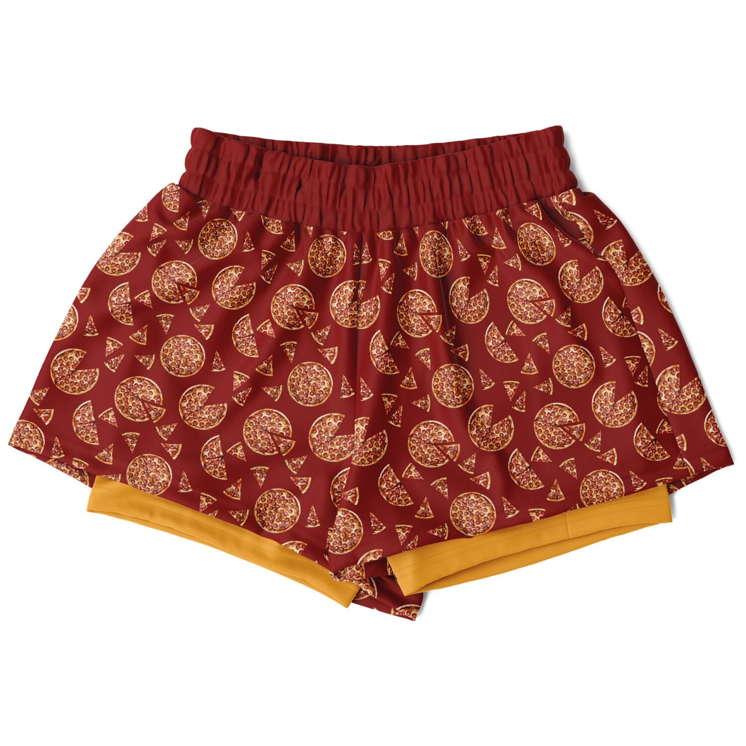 Women’s shorts featuring a pizza design of pizza pies and pizza slices on a red background with an orange under short.