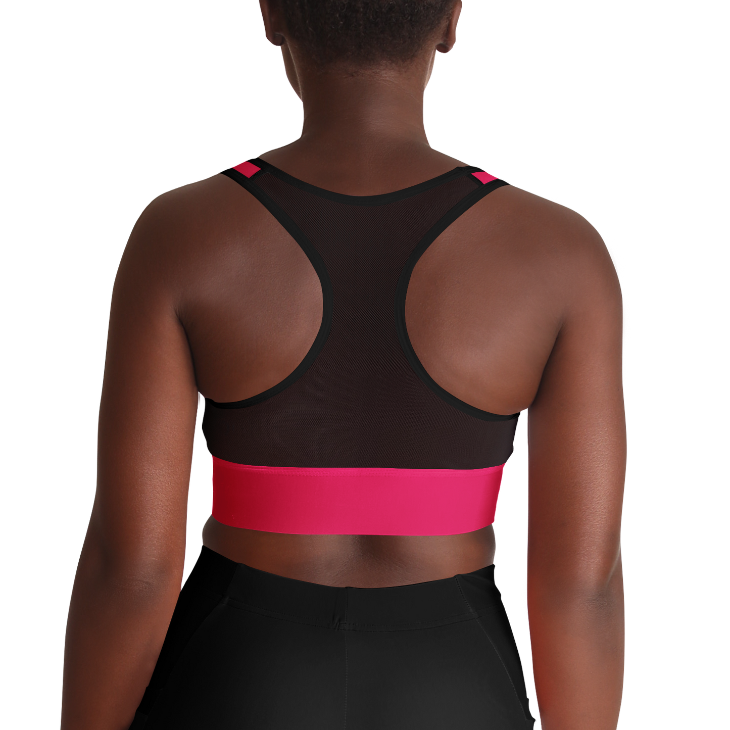 Fineapple - Women's Sports Bra featuring a pink color with pineapples wearing sunglasses and a black mesh back.