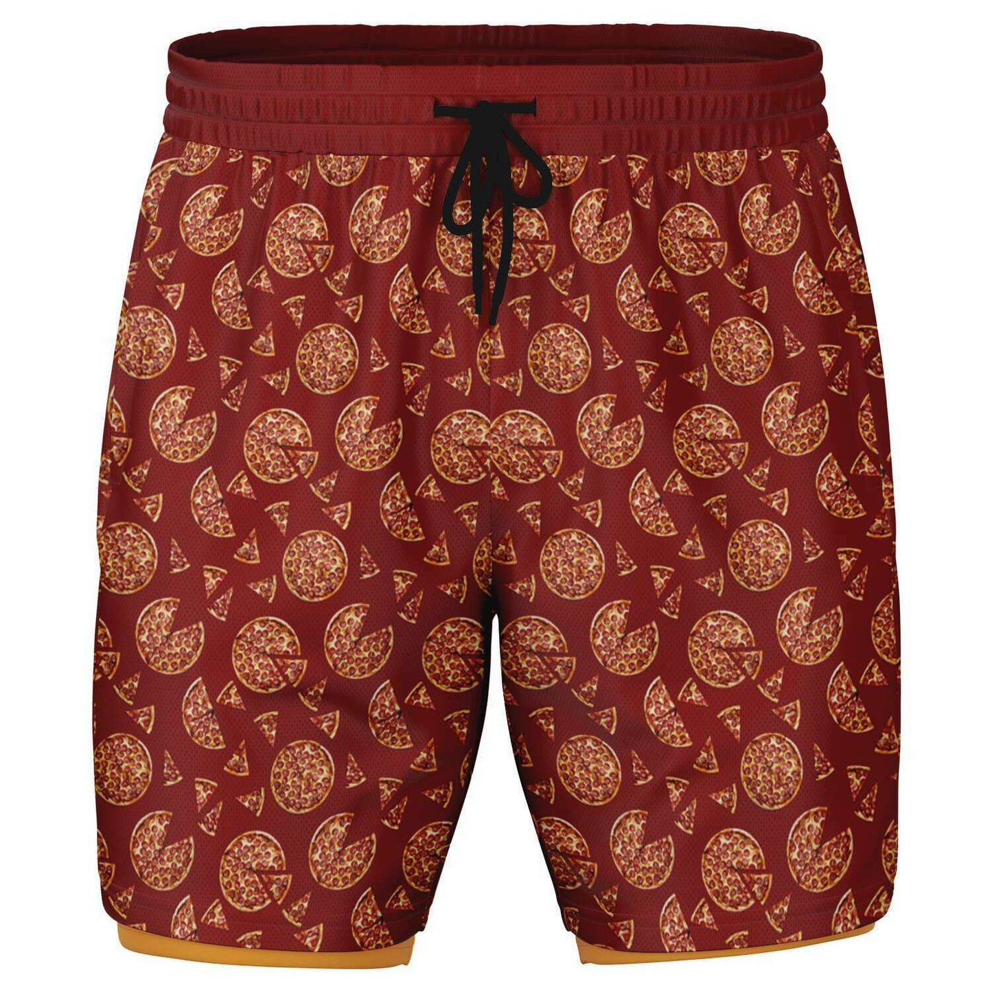 Men's shorts featuring a pizza design of pizza pies and pizza slices on a red background with an orange/yellow under short.