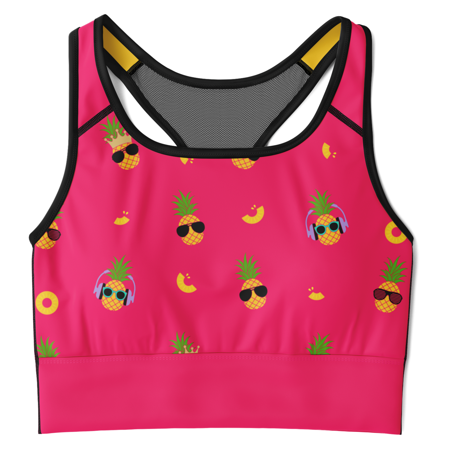 Fineapple - Women's Sports Bra featuring a pink color with pineapples wearing sunglasses.