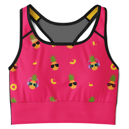 Fineapple - Women's Sports Bra featuring a pink color with pineapples wearing sunglasses.