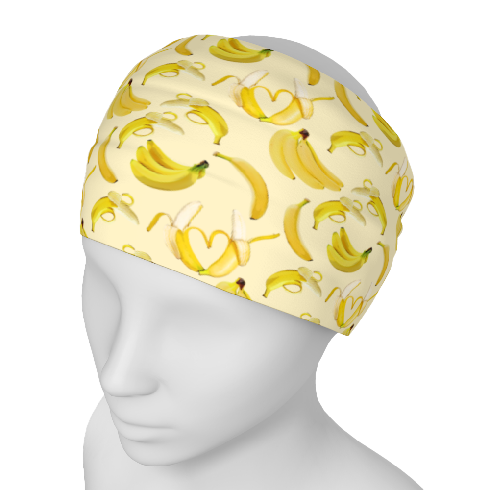 Yellow headband/neck gaiter with bananas.